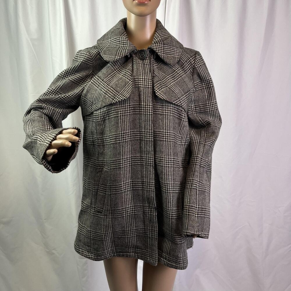 PEPPE PELUSO Coat Womens Medium Gray Plaid Hooded Wool Blend Overcoat Lined